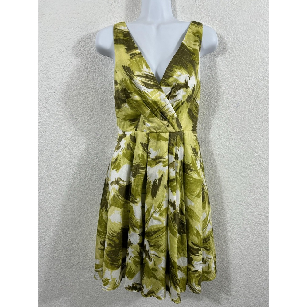 Ann Taylor Dress Womens 0 Green White Sleeveless Fit Flare V Neck Tea Party